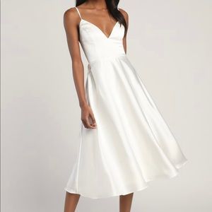 Caught a Look Ivory Satin Tie-Back Midi Dress from Lulus